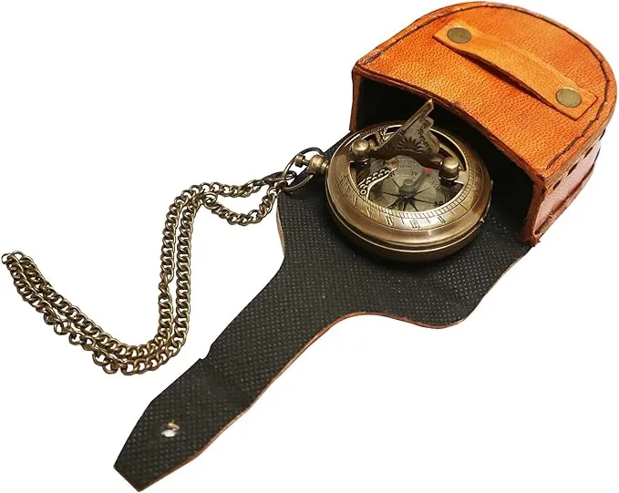 PORTHO Engraved Sundial compass with leather case for Traveler Inspirational Adventurer Wedding Baptism Gift for him
