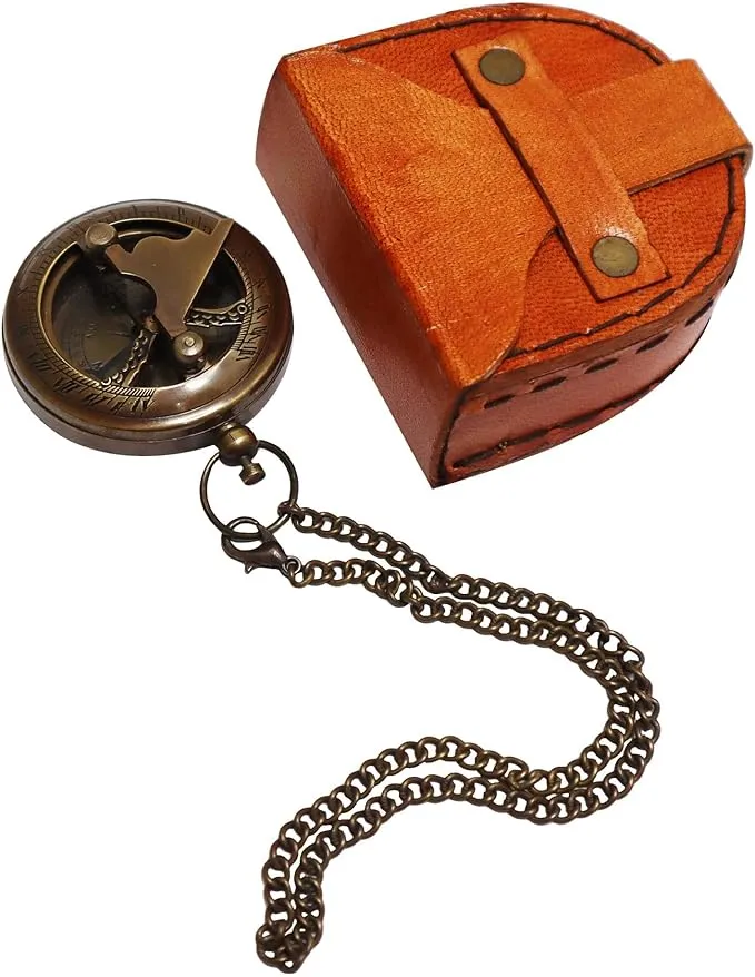 PORTHO Engraved Sundial compass with leather case for Traveler Inspirational Adventurer Wedding Baptism Gift for him