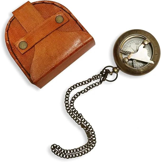 PORTHO Engraved Sundial compass with leather case for Traveler Inspirational Adventurer Wedding Baptism Gift for him