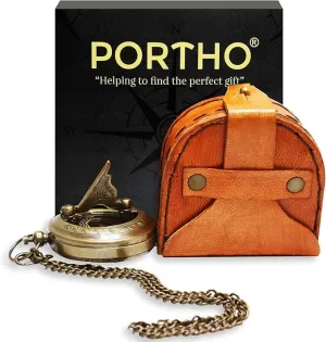 PORTHO Engraved Sundial compass with leather case for Traveler Inspirational Adventurer Wedding Baptism Gift for him