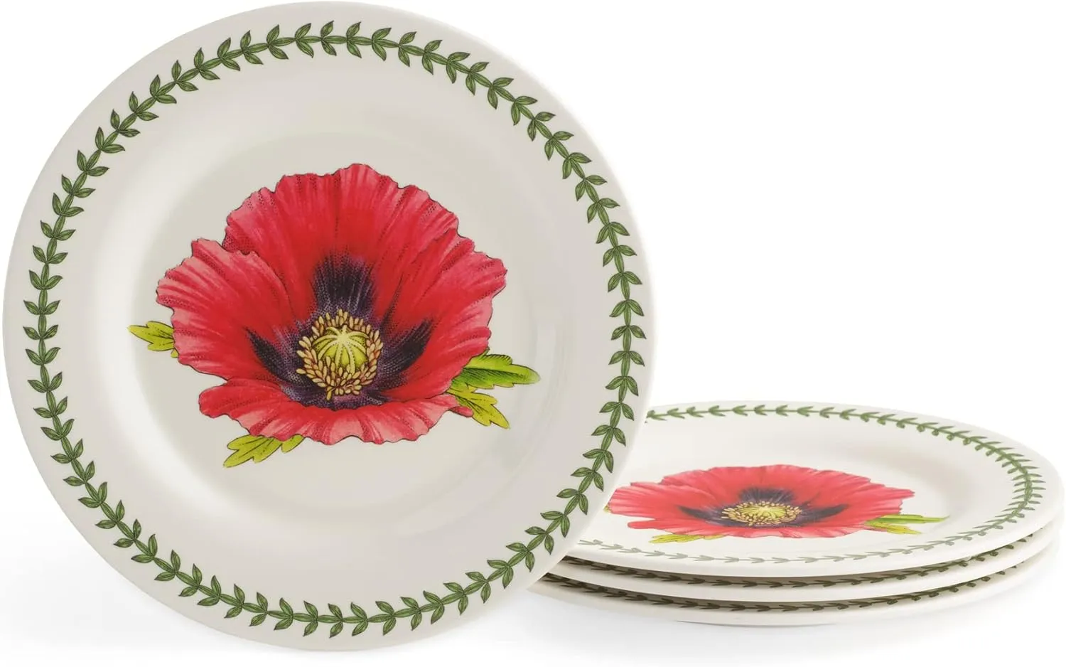 Portmeirion Botanic Garden 8" Salad Plates (Set of 4) - Poppy Motif, Durable Melamine & BPA-Free, Dishwasher Safe Dinnerware for Indoor & Outdoor Dining - Stackable Artistic Plates