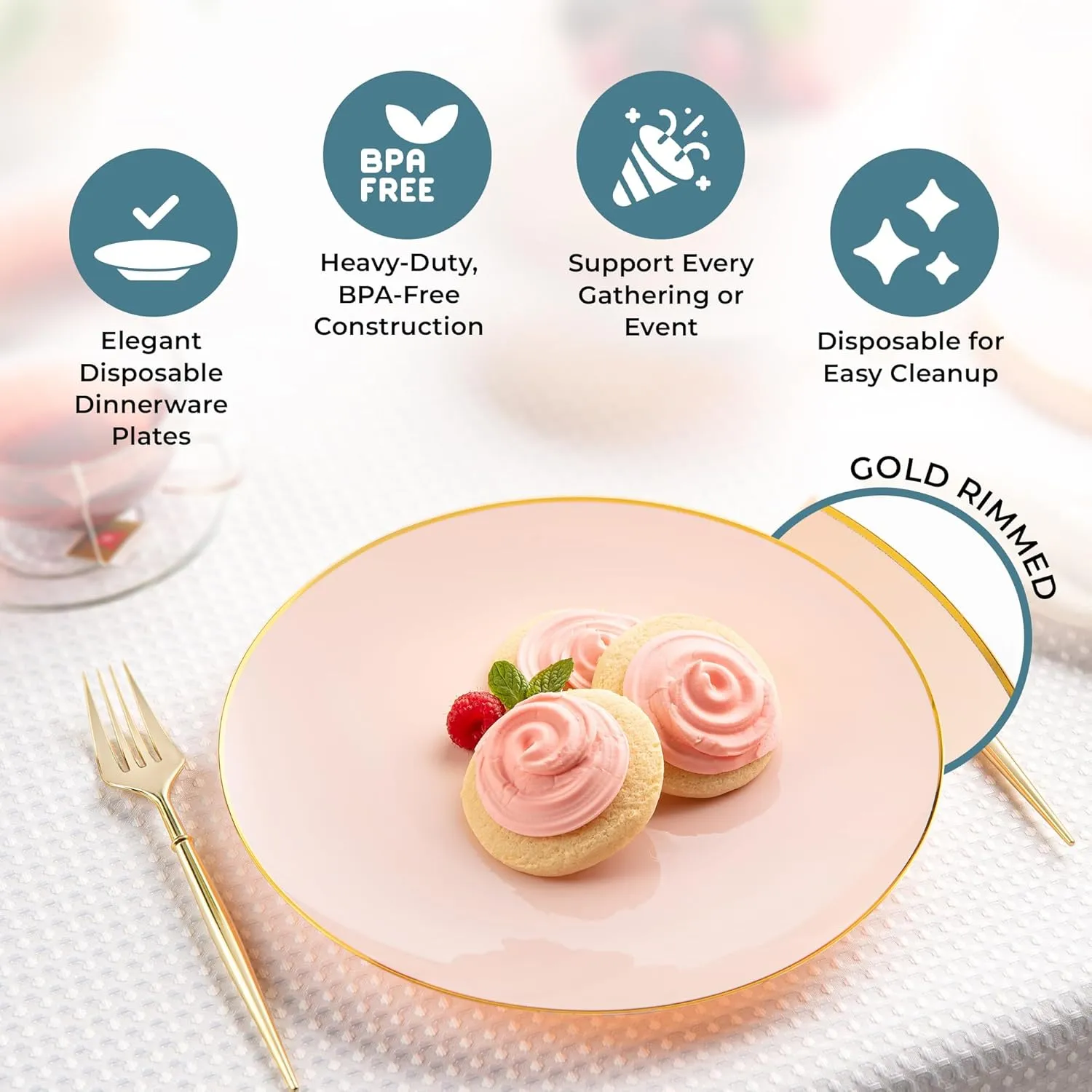 Posh Setting 32 Piece Plastic Plates Set Elegant Disposable Dinnerware Pink and Gold Rim Party Plates Holiday Christmas Valentines Day Tableware