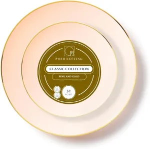 Posh Setting 32 Piece Plastic Plates Set Elegant Disposable Dinnerware Pink and Gold Rim Party Plates Holiday Christmas Valentines Day Tableware
