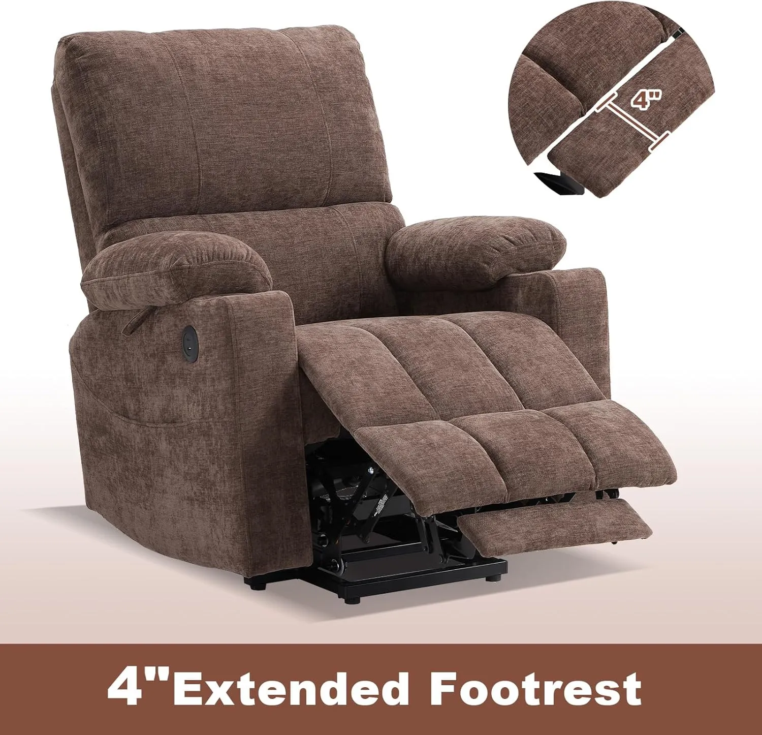 Power Lift Recliner Chair with Extended Footrest, Electric Lift Recliner Chair with Heat and Massage for Elderly, Lift Chair Cup Holders,USB & Type C Ports, Luxurious Chenille Fabric (Coffee)