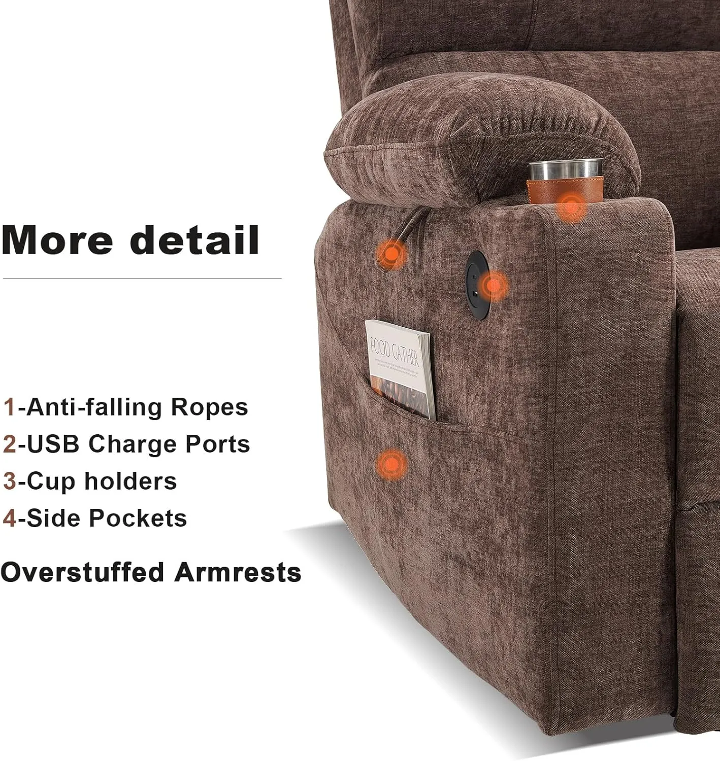 Power Lift Recliner Chair with Extended Footrest, Electric Lift Recliner Chair with Heat and Massage for Elderly, Lift Chair Cup Holders,USB & Type C Ports, Luxurious Chenille Fabric (Coffee)