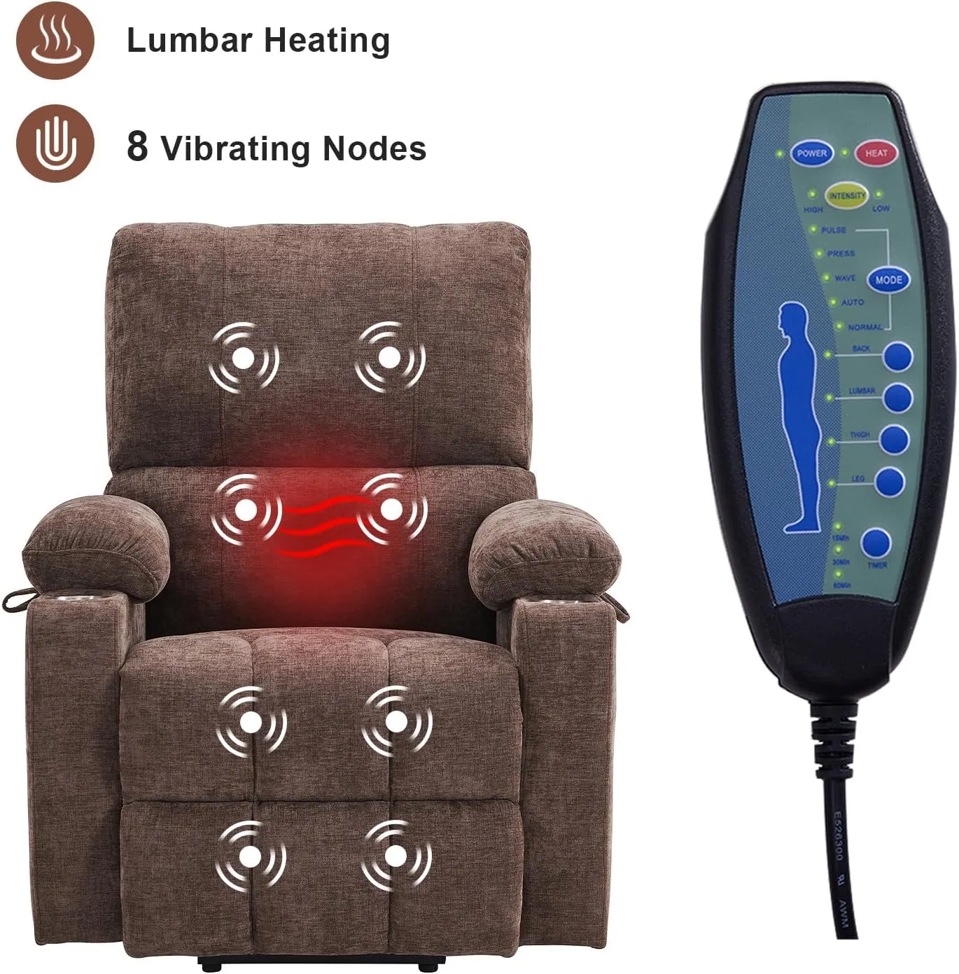 Power Lift Recliner Chair with Extended Footrest, Electric Lift Recliner Chair with Heat and Massage for Elderly, Lift Chair Cup Holders,USB & Type C Ports, Luxurious Chenille Fabric (Coffee)