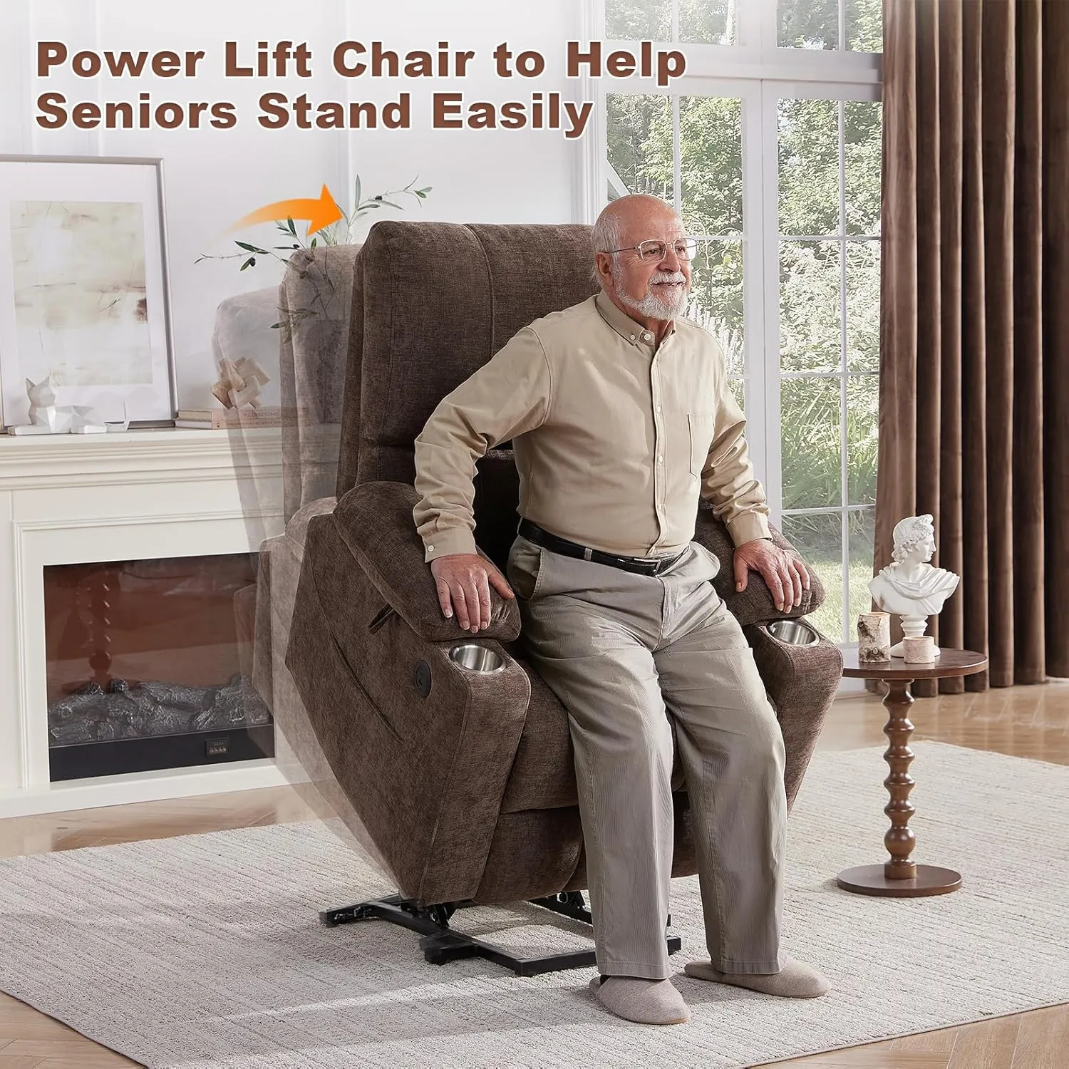 Power Lift Recliner Chair with Extended Footrest, Electric Lift Recliner Chair with Heat and Massage for Elderly, Lift Chair Cup Holders,USB & Type C Ports, Luxurious Chenille Fabric (Coffee)