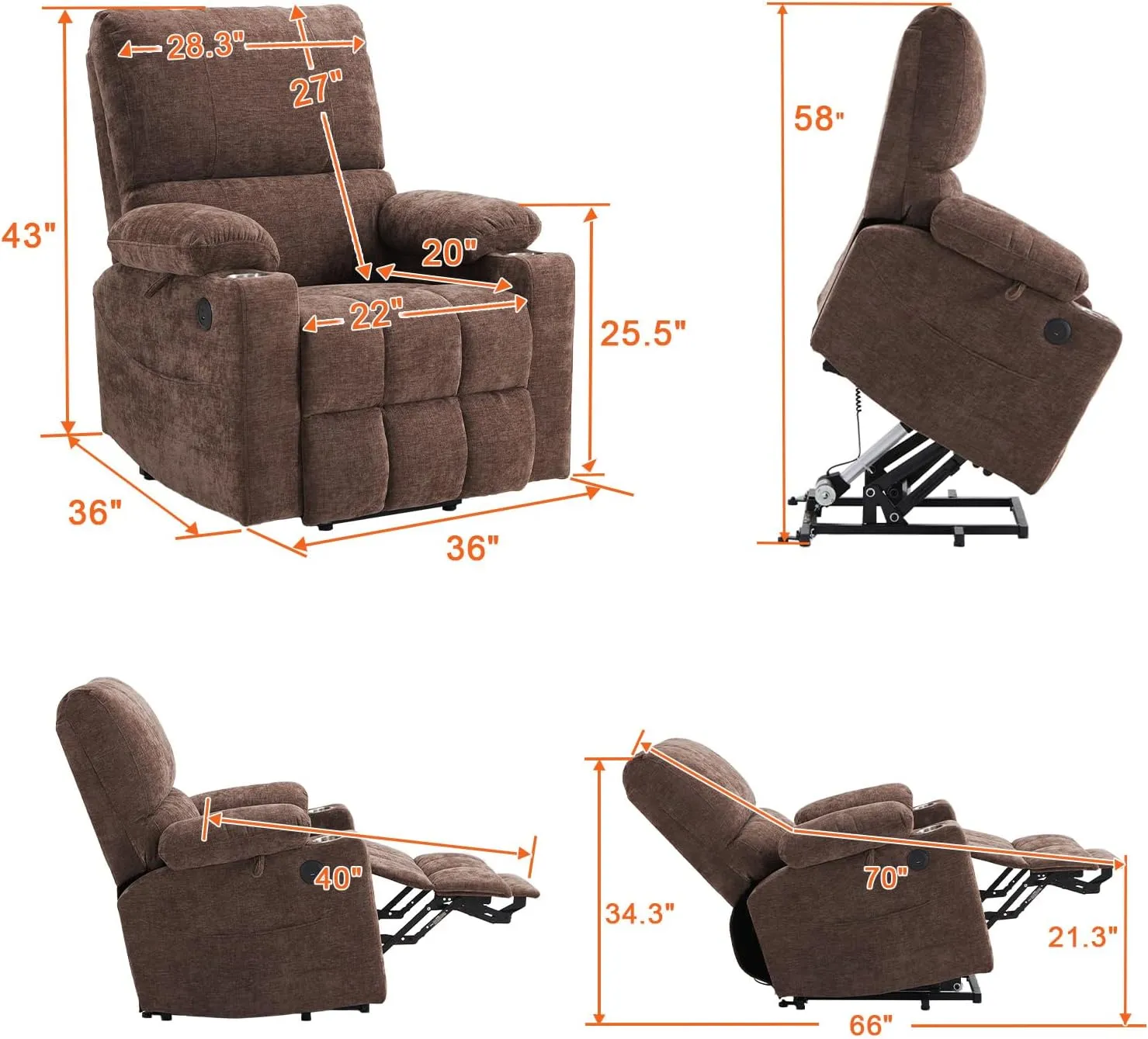 Power Lift Recliner Chair with Extended Footrest, Electric Lift Recliner Chair with Heat and Massage for Elderly, Lift Chair Cup Holders,USB & Type C Ports, Luxurious Chenille Fabric (Coffee)