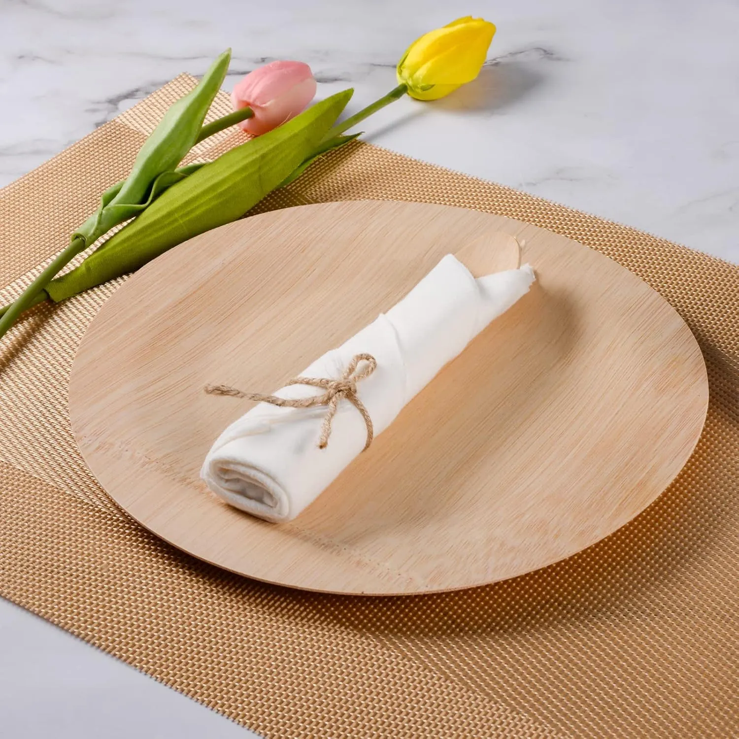 Pre Rolled Napkin and Bamboo Cutlery Set - 100Pack Bamboo Utensils/Compostable Cutlery(100 Forks, 100 Knives, 100 Spoons, 100 Napkins), Biodegradable Wrapped Cutlery for Party, Wedding, Events