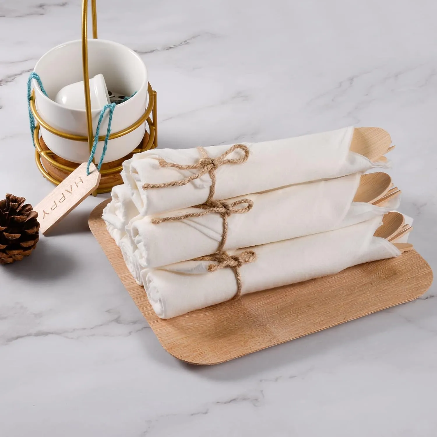 Pre Rolled Napkin and Bamboo Cutlery Set - 100Pack Bamboo Utensils/Compostable Cutlery(100 Forks, 100 Knives, 100 Spoons, 100 Napkins), Biodegradable Wrapped Cutlery for Party, Wedding, Events