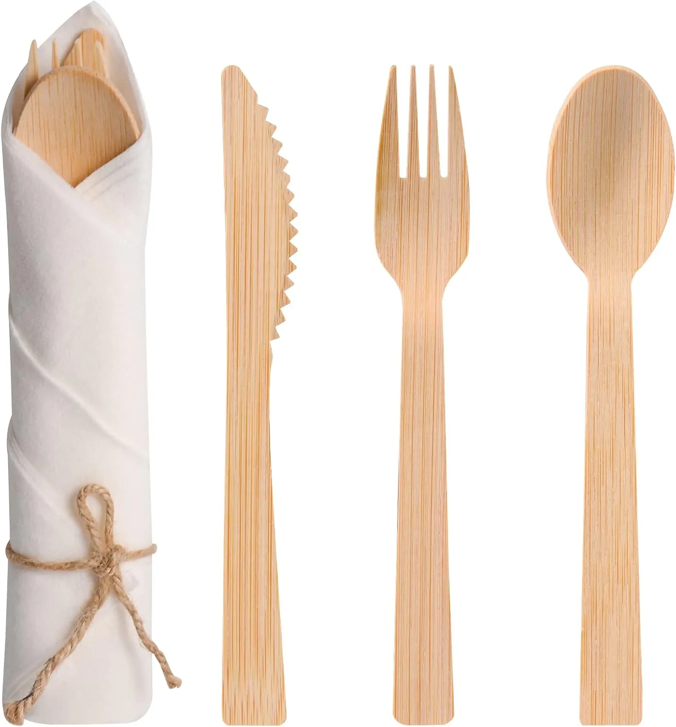 Pre Rolled Napkin and Bamboo Cutlery Set - 30Pack Bamboo Utensils/Cutlery Set(30 Forks, 30 Knives, 30 Spoons, 30 Napkins), Biodegradable Wrapped Cutlery for Party, Wedding, Events