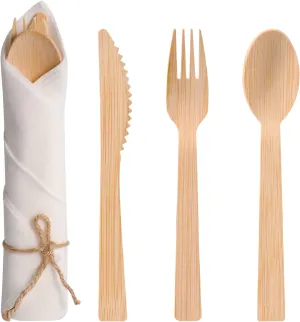 Pre Rolled Napkin and Bamboo Cutlery Set - 30Pack Bamboo Utensils/Cutlery Set(30 Forks, 30 Knives, 30 Spoons, 30 Napkins), Biodegradable Wrapped Cutlery for Party, Wedding, Events