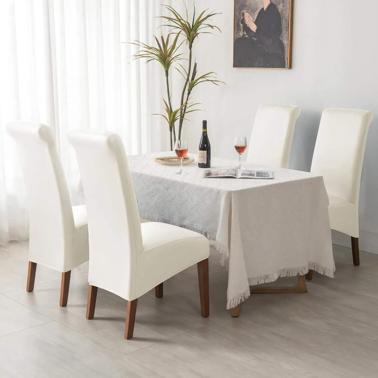 PU Faux Leather Waterproof Stretch Dining Chair Cover Chair Protector Seat Slipcovers Covers (Cream High Back, 4)
