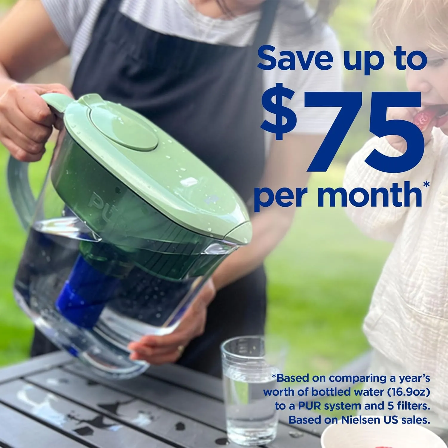 PUR Plus 11-Cup Water Pitcher, 1 Lead-Reducing Filter, Cleaner, Great-Tasting Water, Dishwasher Safe, Powerful Filtration, Filter Change Light Indicator, LockFit Cap Design - Sage