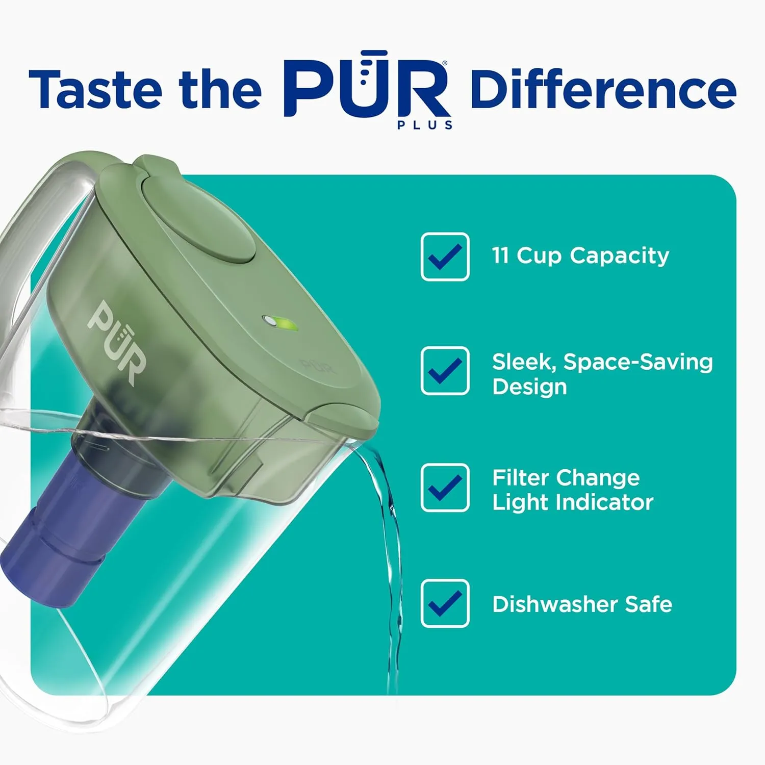 PUR Plus 11-Cup Water Pitcher, 1 Lead-Reducing Filter, Cleaner, Great-Tasting Water, Dishwasher Safe, Powerful Filtration, Filter Change Light Indicator, LockFit Cap Design - Sage