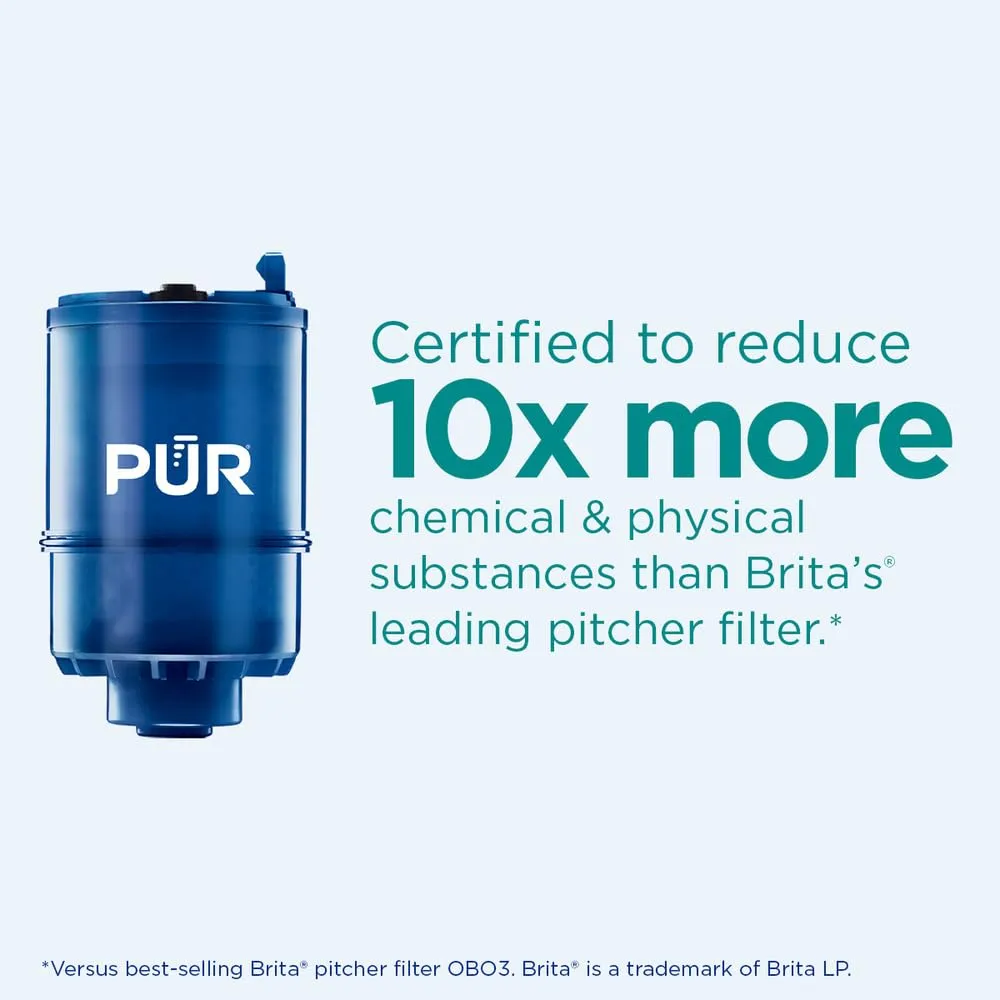 PUR PLUS Vertical Faucet Mount Water Filtration System, Lead-Reducing Filter, Great-Tasting Water, Easy Install, Lasts 100 Gallons, Compatible with Sinks with External Aerators, Chrome