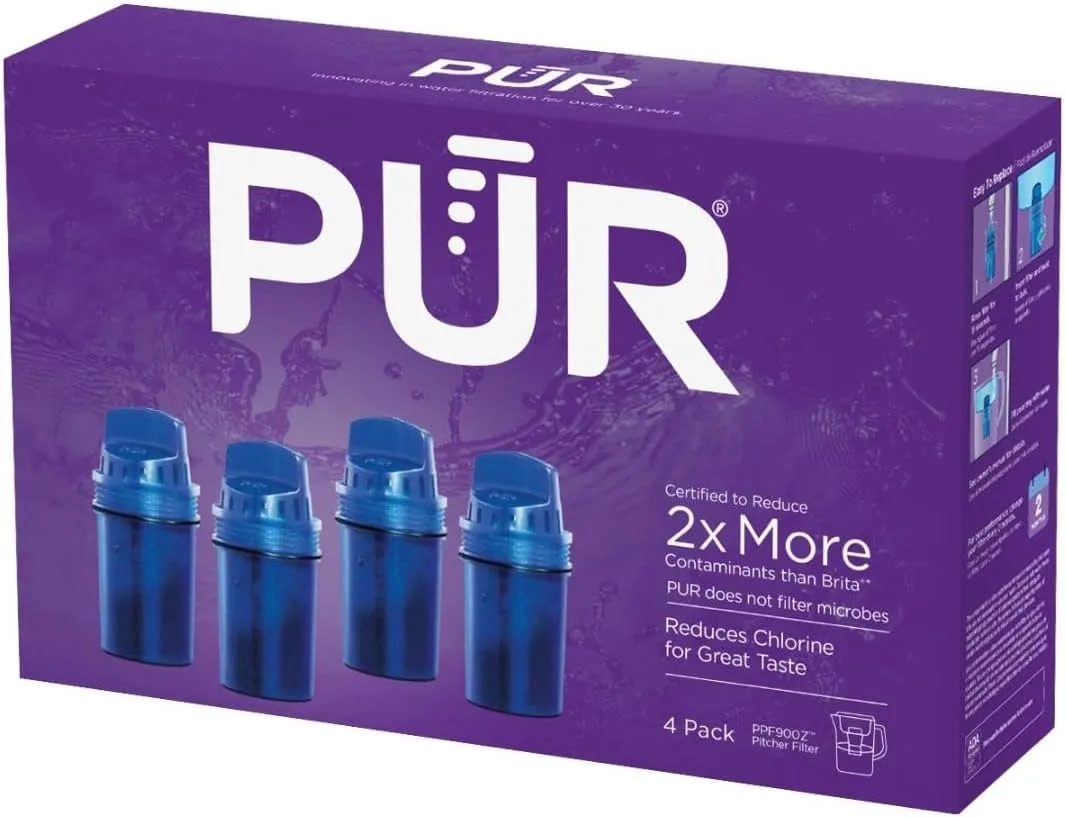 PUR Water Pitcher & Dispenser Replacement Filter 4-Pack, Genuine PUR Filter, 2-in-1 Powerful Filtration and Faster Filtration, 8-Month Value, Blue (PPF900Z4)