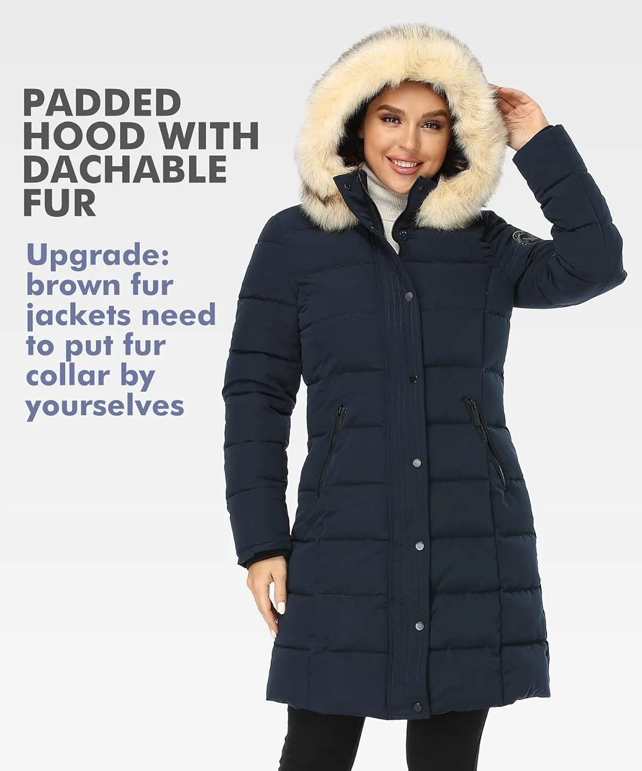 PUREMSX Winter Puffer Jacket for Women, Warm Fur Hood Outdoor Thick Insulated Quilted Long Coat XS-XXL