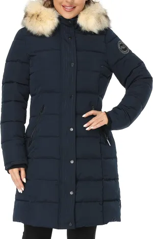 PUREMSX Winter Puffer Jacket for Women, Warm Fur Hood Outdoor Thick Insulated Quilted Long Coat XS-XXL