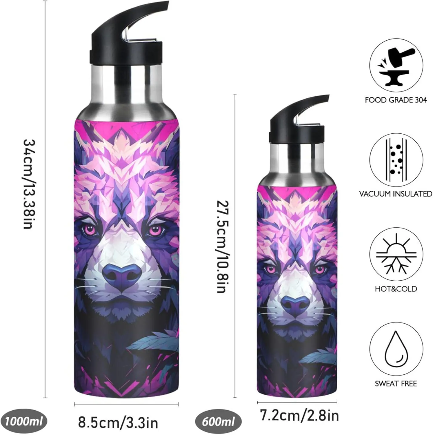 Purple Cool Panda Sport Water Bottle Insulated Stainless Steel Large Vacuum Flask Leak Proof Thermos with Straw for Travel(600ml/1000ml)