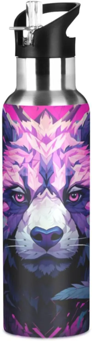 Purple Cool Panda Sport Water Bottle Insulated Stainless Steel Large Vacuum Flask Leak Proof Thermos with Straw for Travel(600ml/1000ml)
