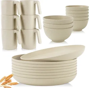 PYRMONT 22 pcs Wheat Straw Dinnerware Set,Unbreakable Plastic Dish Set - Dinner Plates Cereal Bowls Cups, for Apartment Basics, Outdoor Camping - Beige