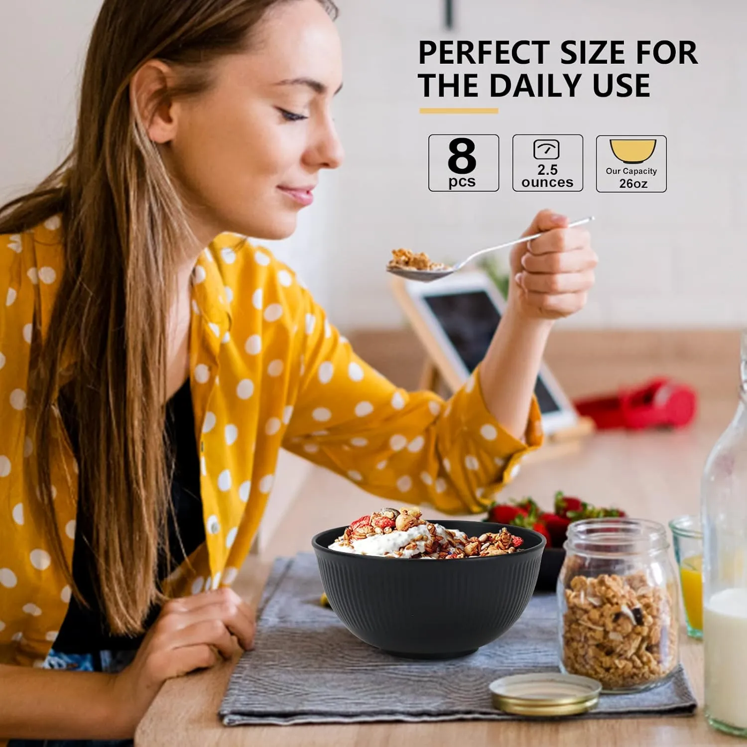 PYRMONT Cereal Bowl Sets of 8 Unbreakable Lightweight 26 OZ Bowls Set Microwave and Dishwasher Safe Wheat Straw Bowls for Soup, Oatmeal, Pasta, and Salad(Black)