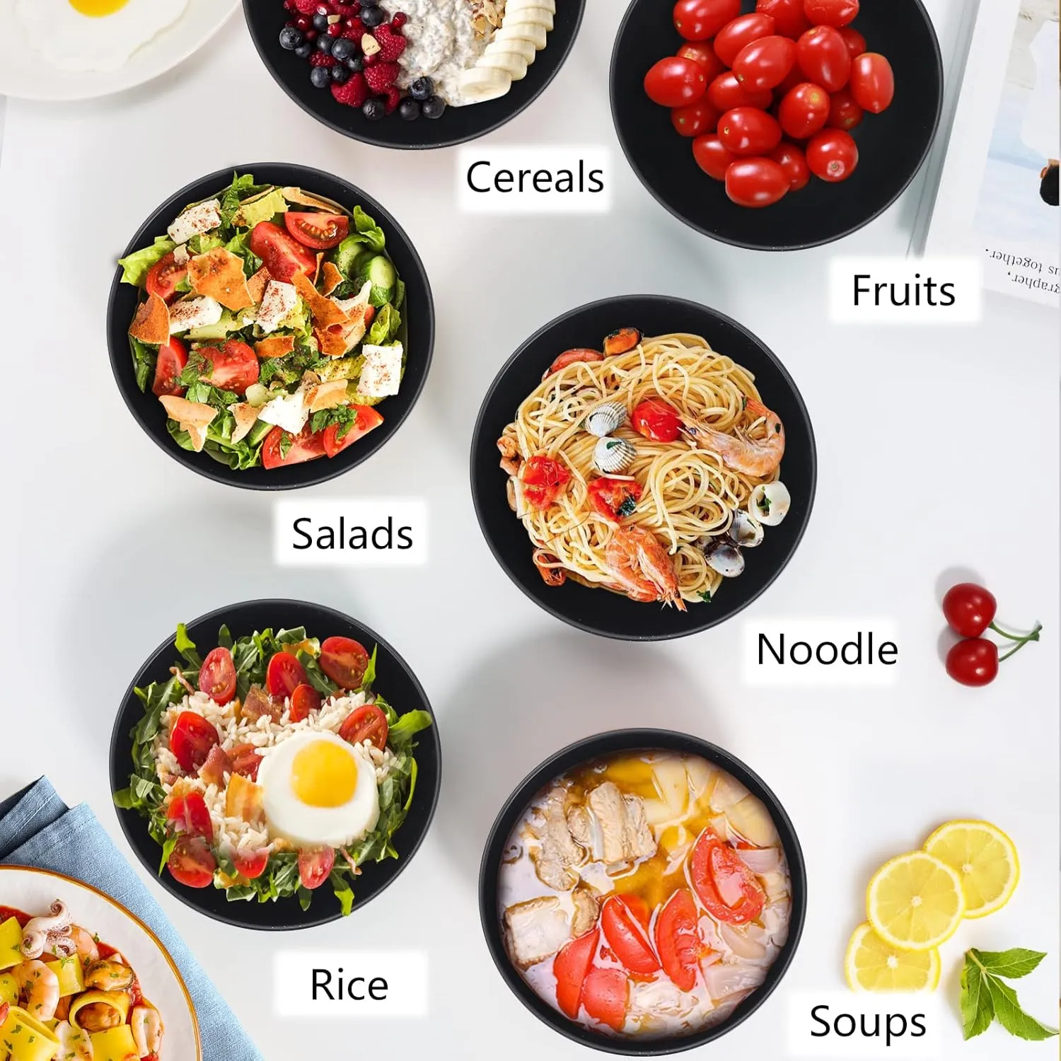 PYRMONT Cereal Bowl Sets of 8 Unbreakable Lightweight 26 OZ Bowls Set Microwave and Dishwasher Safe Wheat Straw Bowls for Soup, Oatmeal, Pasta, and Salad(Black)