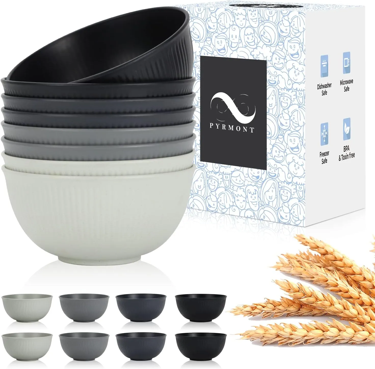 PYRMONT Wheat Straw Bowls 26 OZ Plastic Bowls Reusable, Unbreakable Soup Bowls, Bowl Set of 8, Cereal Bowl, Small Bowls for Kitchen, Dishwasher & Microwave Safe Bowls, BPA-Free