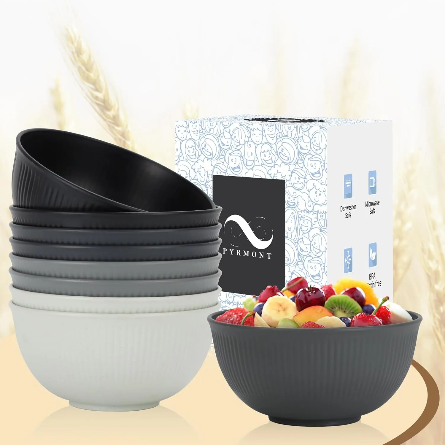 PYRMONT Wheat Straw Bowls 26 OZ Plastic Bowls Reusable, Unbreakable Soup Bowls, Bowl Set of 8, Cereal Bowl, Small Bowls for Kitchen, Dishwasher & Microwave Safe Bowls, BPA-Free
