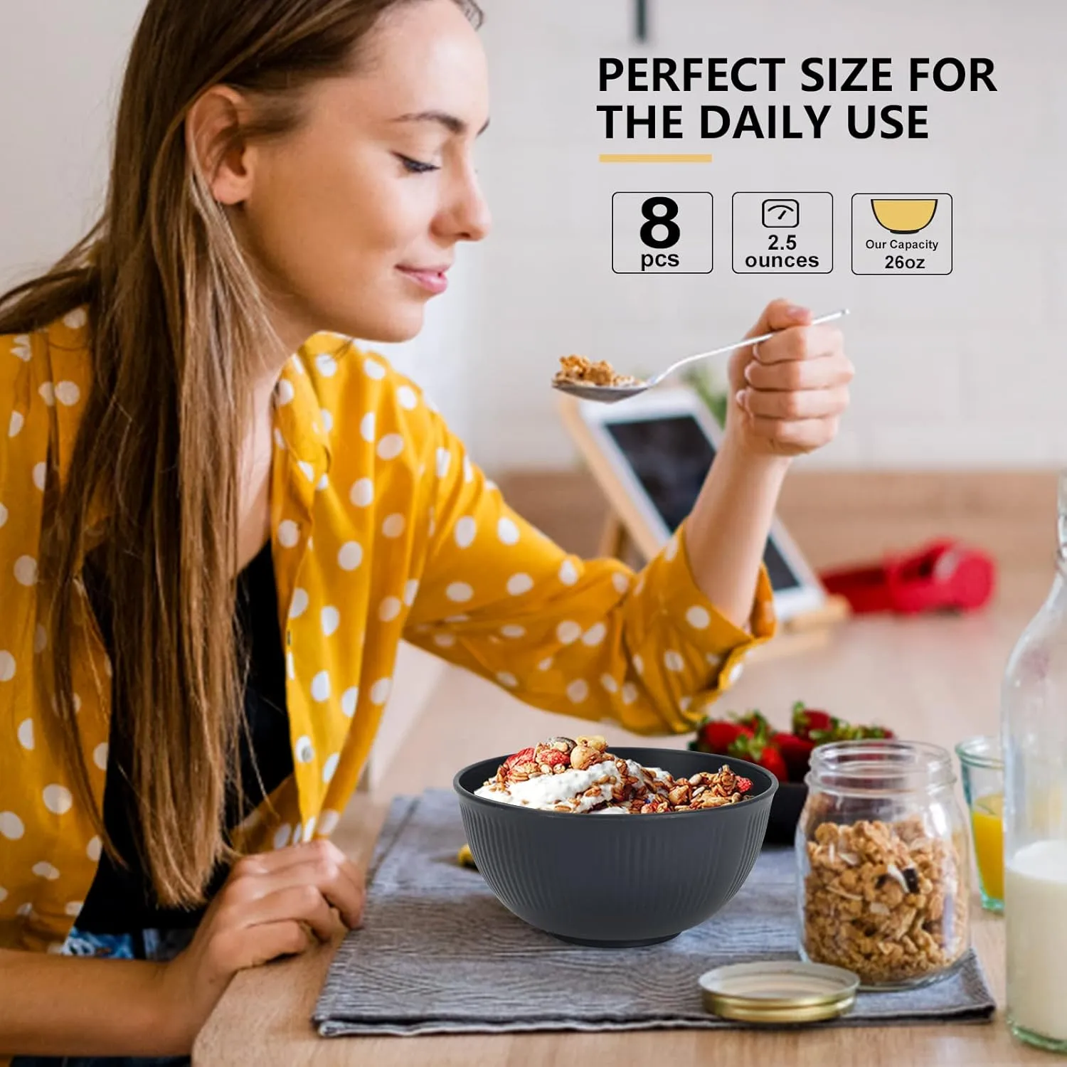 PYRMONT Wheat Straw Bowls 26 OZ Plastic Bowls Reusable, Unbreakable Soup Bowls, Bowl Set of 8, Cereal Bowl, Small Bowls for Kitchen, Dishwasher & Microwave Safe Bowls, BPA-Free