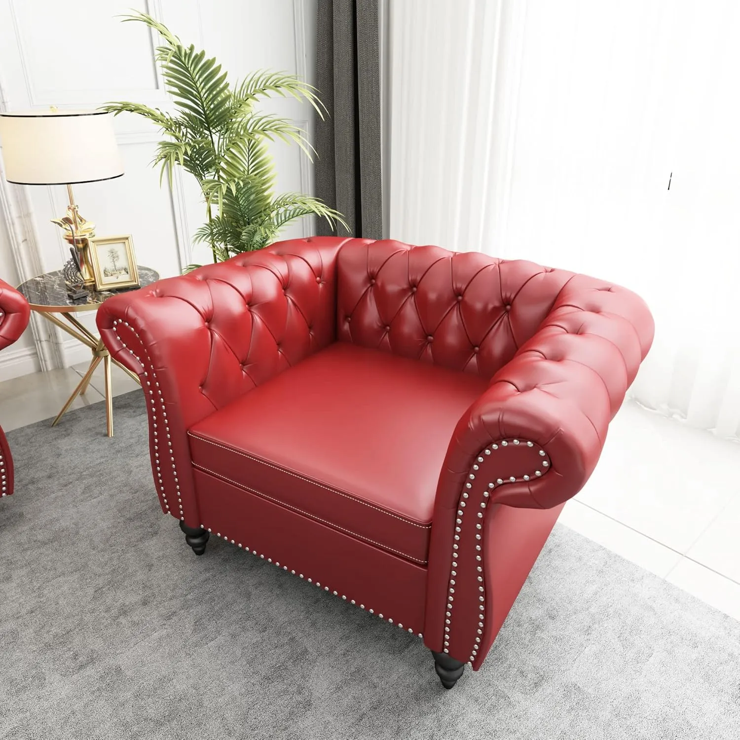 QHITTY Accent Chair, Chesterfield Chair Modern Leather Upholstered Chair with Tufted Back for Living Room Furniture (Burgundy)