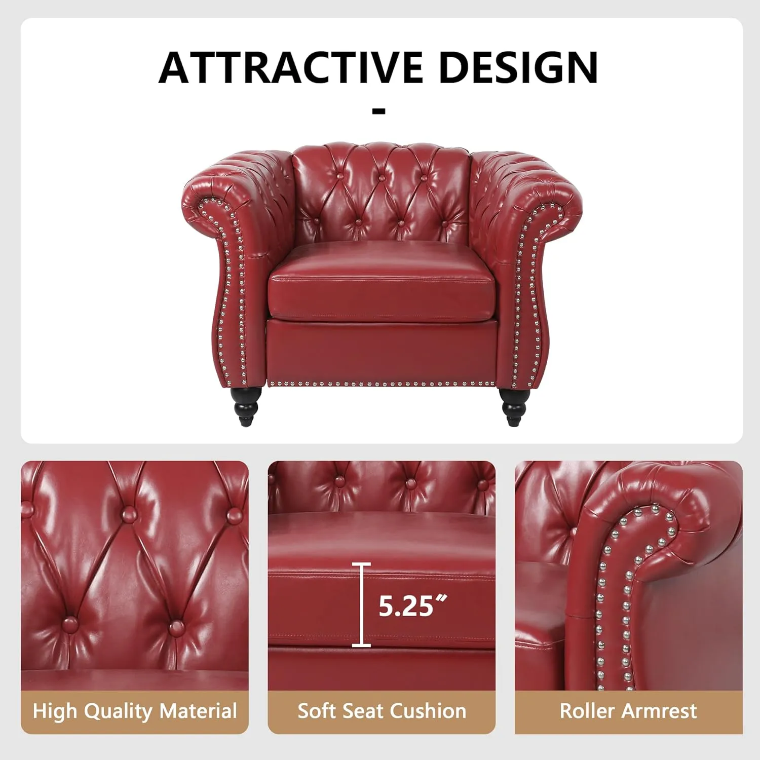 QHITTY Accent Chair, Chesterfield Chair Modern Leather Upholstered Chair with Tufted Back for Living Room Furniture (Burgundy)