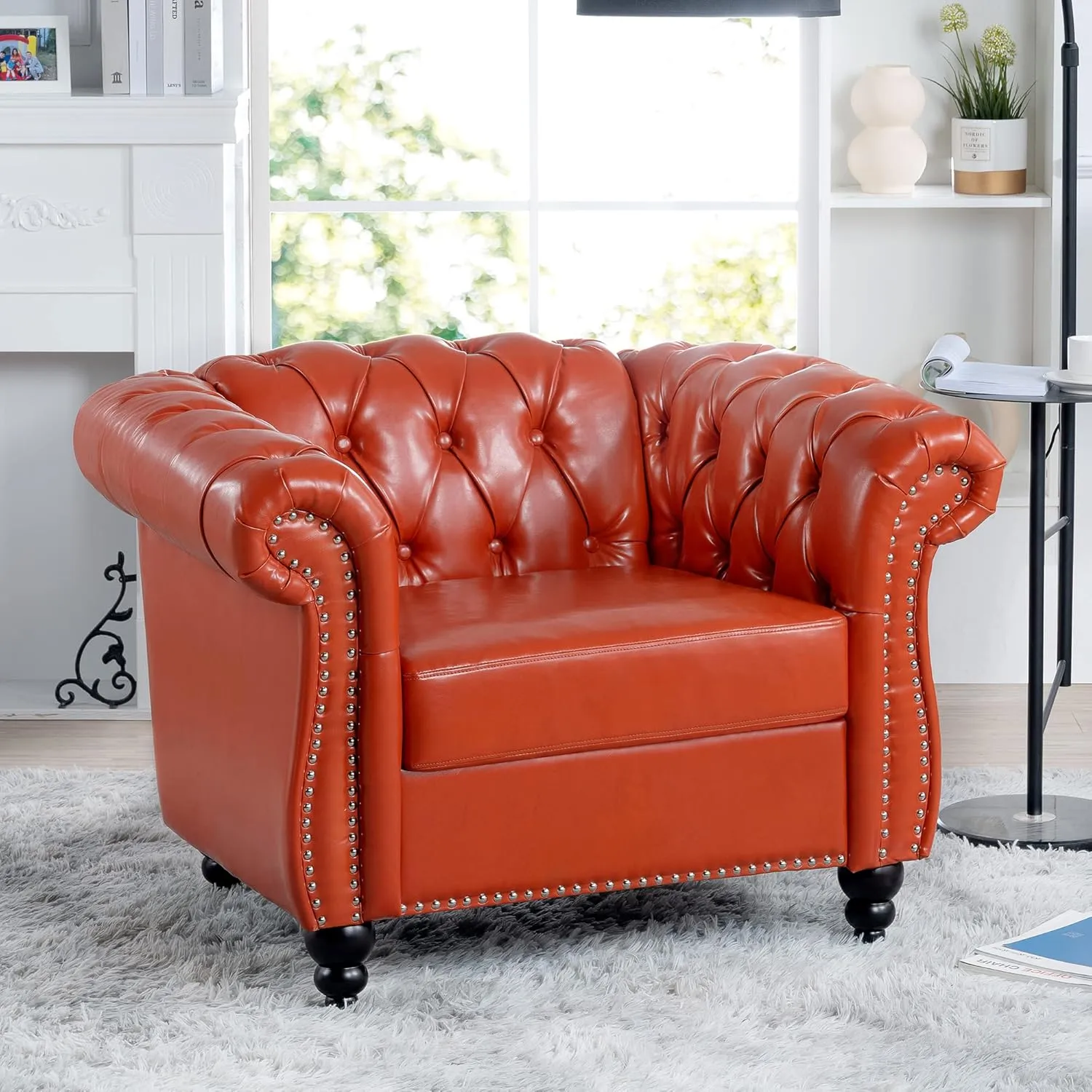 QHITTY Accent Chair, Chesterfield Chair Modern Leather Upholstered Chair with Tufted Back for Living Room Furniture (Orange)