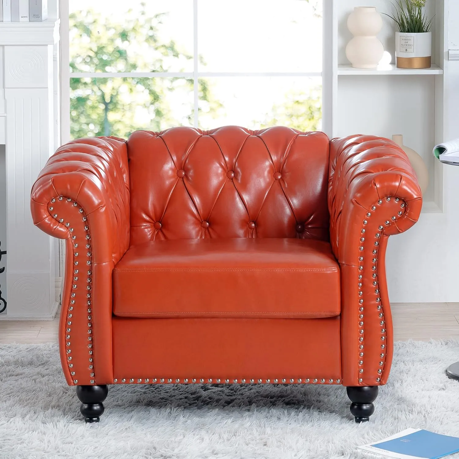QHITTY Accent Chair, Chesterfield Chair Modern Leather Upholstered Chair with Tufted Back for Living Room Furniture (Orange)