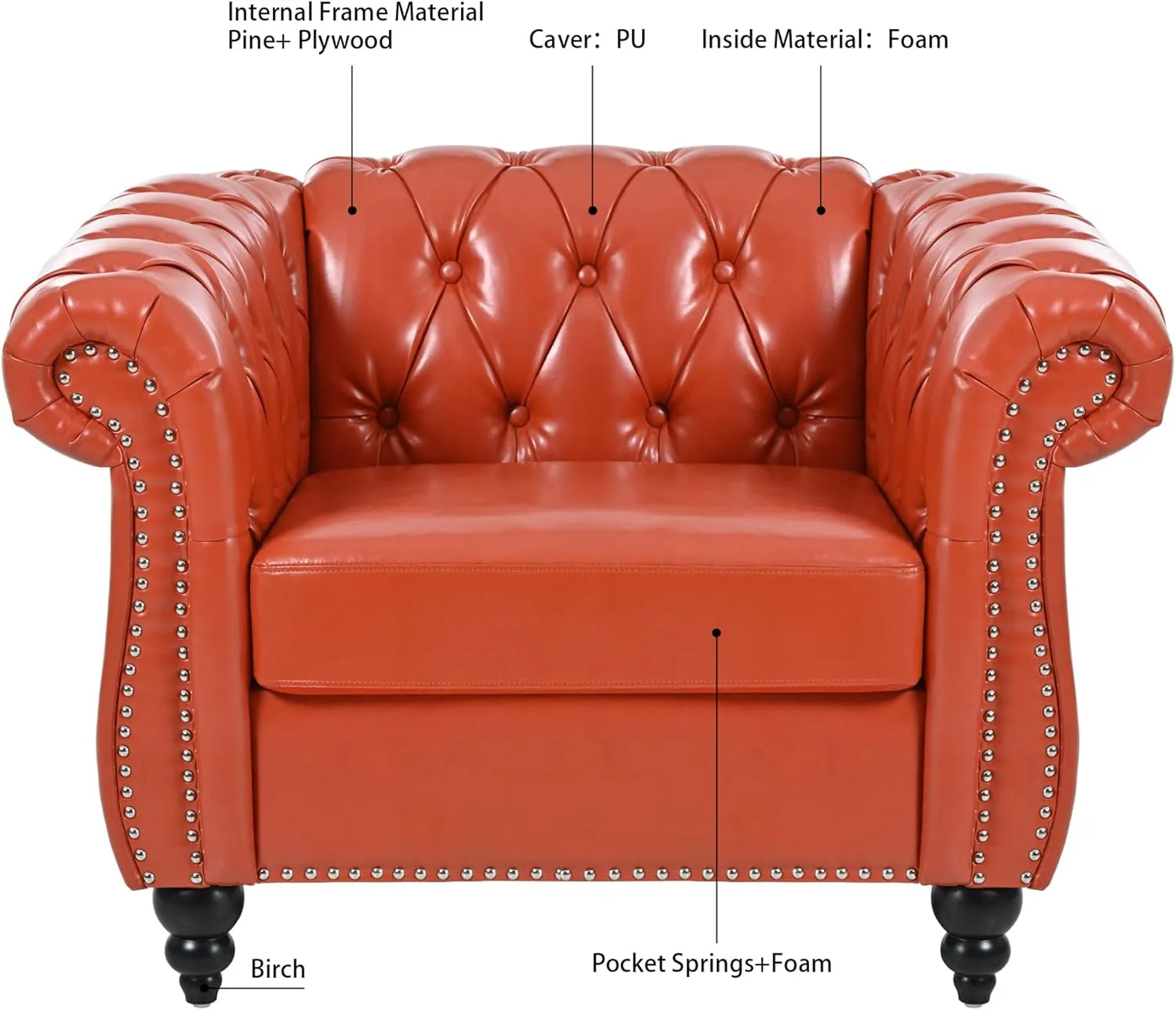 QHITTY Accent Chair, Chesterfield Chair Modern Leather Upholstered Chair with Tufted Back for Living Room Furniture (Orange)
