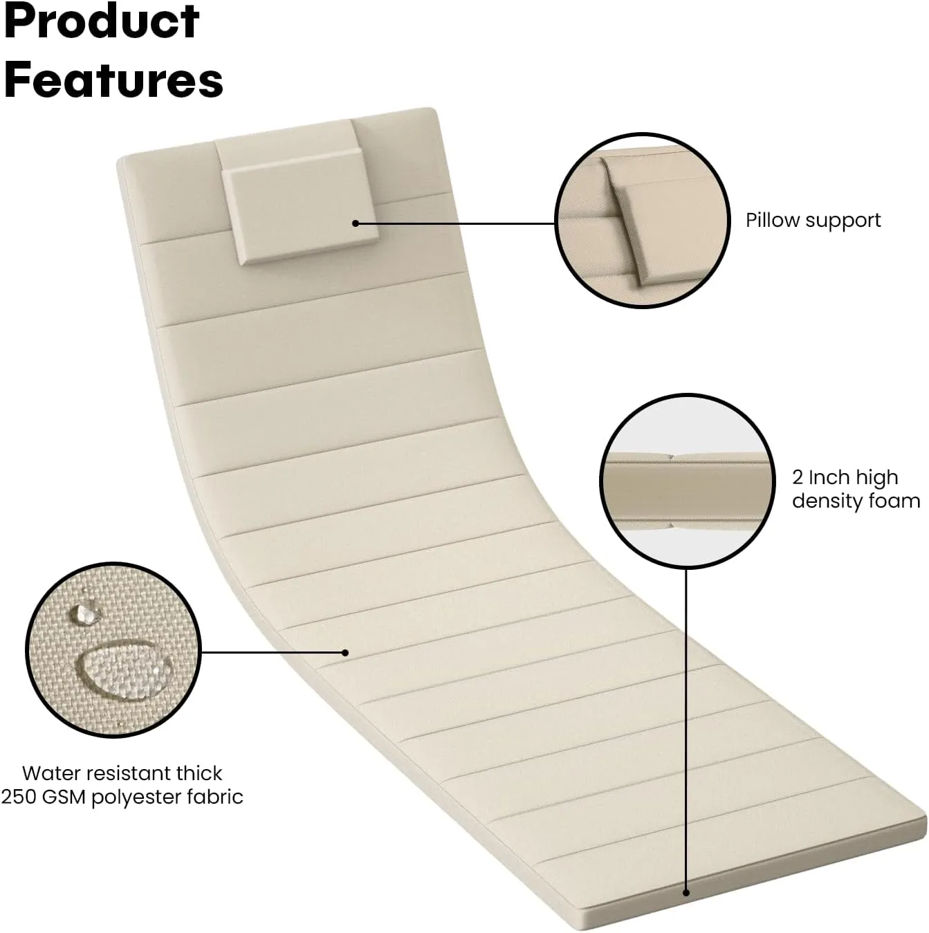 Quilted Chaise Lounge Outdoor Patio Furniture Cushions | Water-Resistant Patio Chair Cushions | Durable, High-Density Foam Outdoor Chair Cushions (Antique Beige, 74"x23")