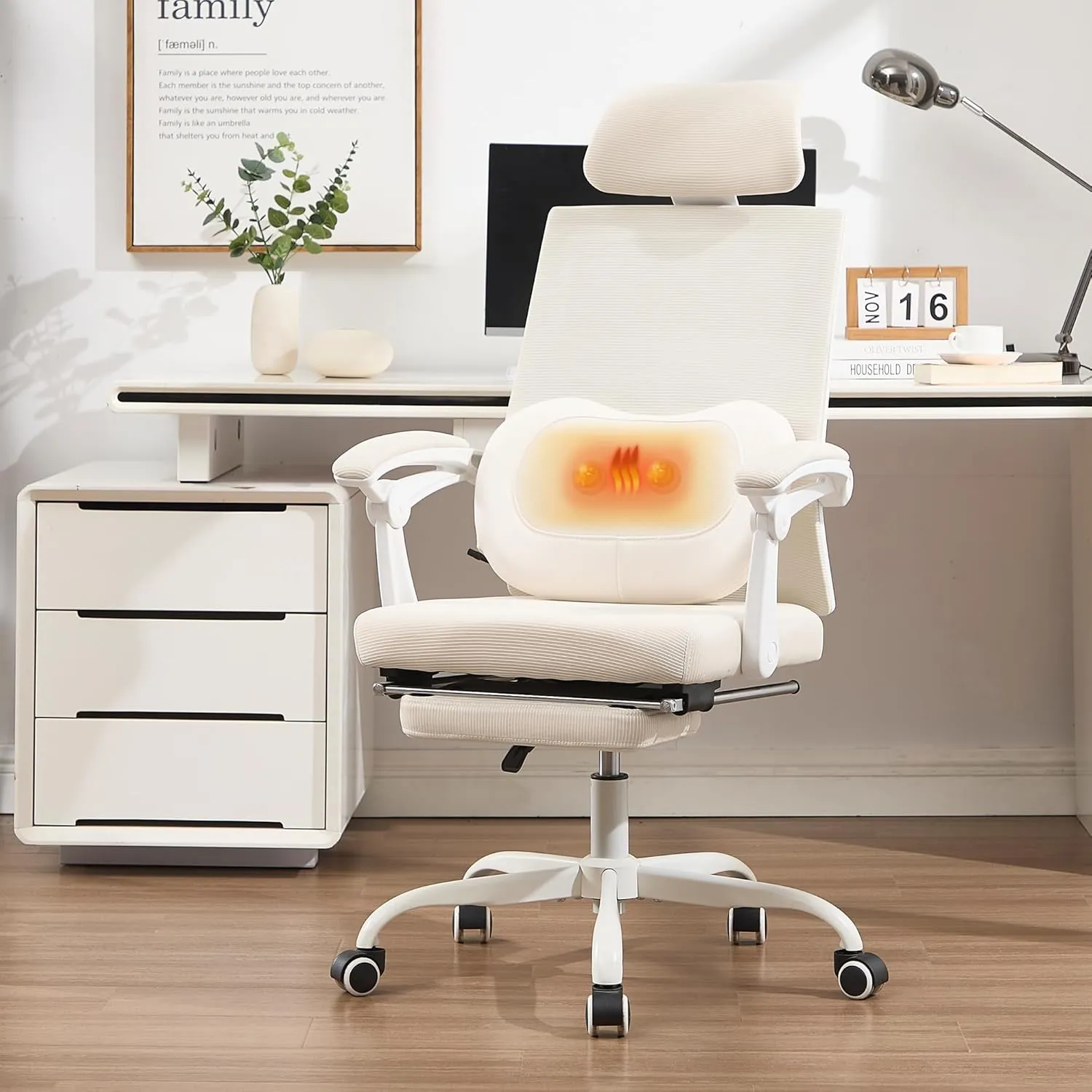 Qulomvs Ergonomic Office Chair with Massage&Heated Lumbar Support, Kneading Massage Office Chair with Foot Rest, Reclining Home Office Desk Chair 90-135 Adjustable Mesh Computer Desk Chair with Wheels