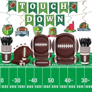 Qyeahkj 184pcs Football Party Supplies Decorations Set Serves 25 Includes Plates Napkins Cups Tablecloth Hanging Swirls Banner Tableware Kit for Football Game Party Decorations Favors