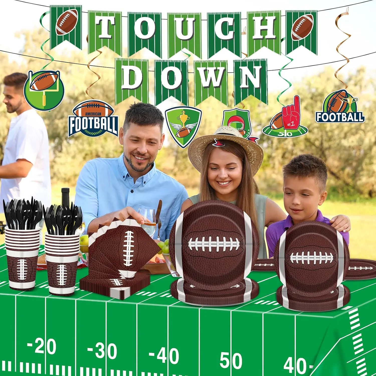 Qyeahkj 184pcs Football Party Supplies Decorations Set Serves 25 Includes Plates Napkins Cups Tablecloth Hanging Swirls Banner Tableware Kit for Football Game Party Decorations Favors