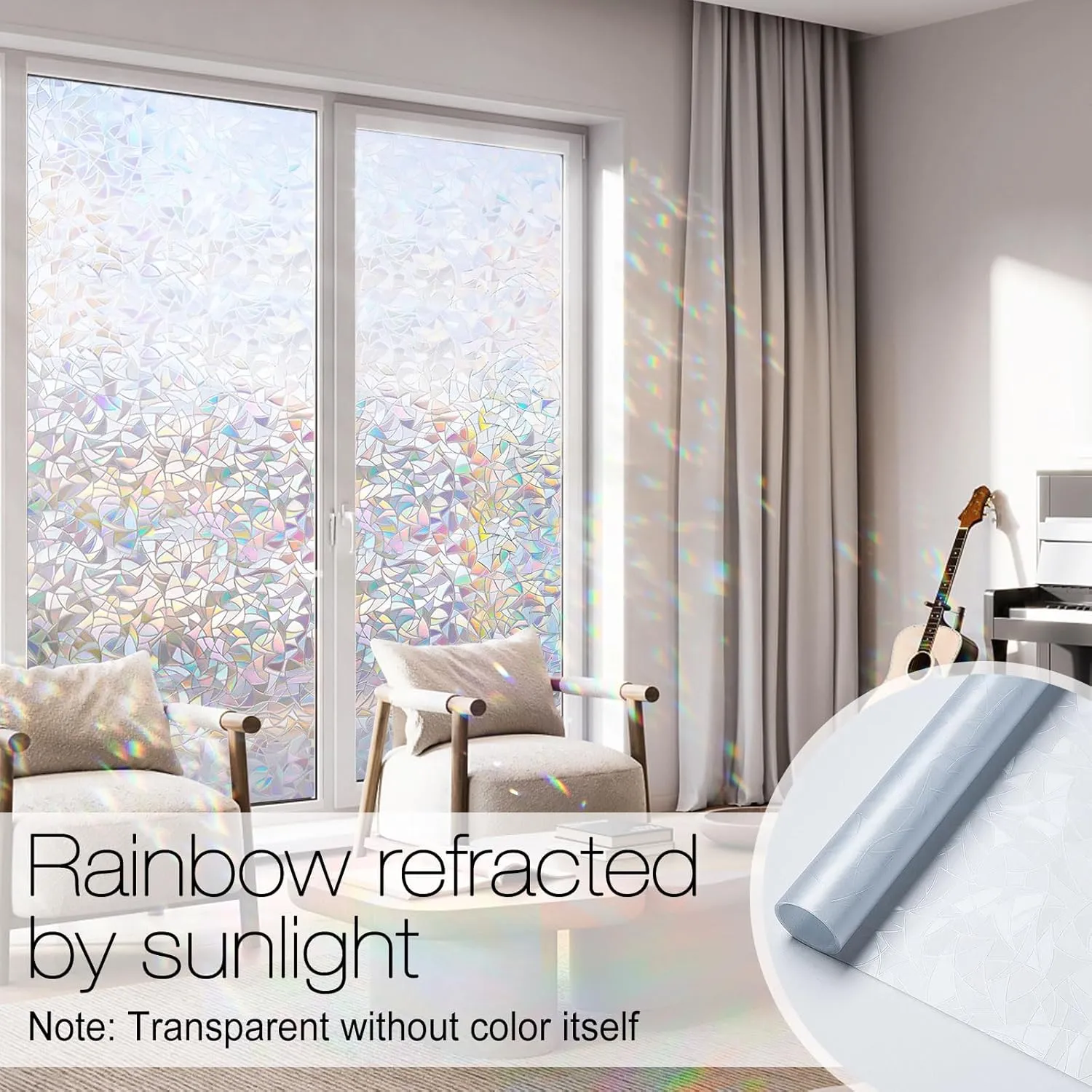 rabbitgoo Window Privacy Film Rainbow Film Decorative Window Sticker, 3D Static Stained Glass Cling Tint for Home Heat Control Non-Adhesive, 35.4 x 118.1 inches