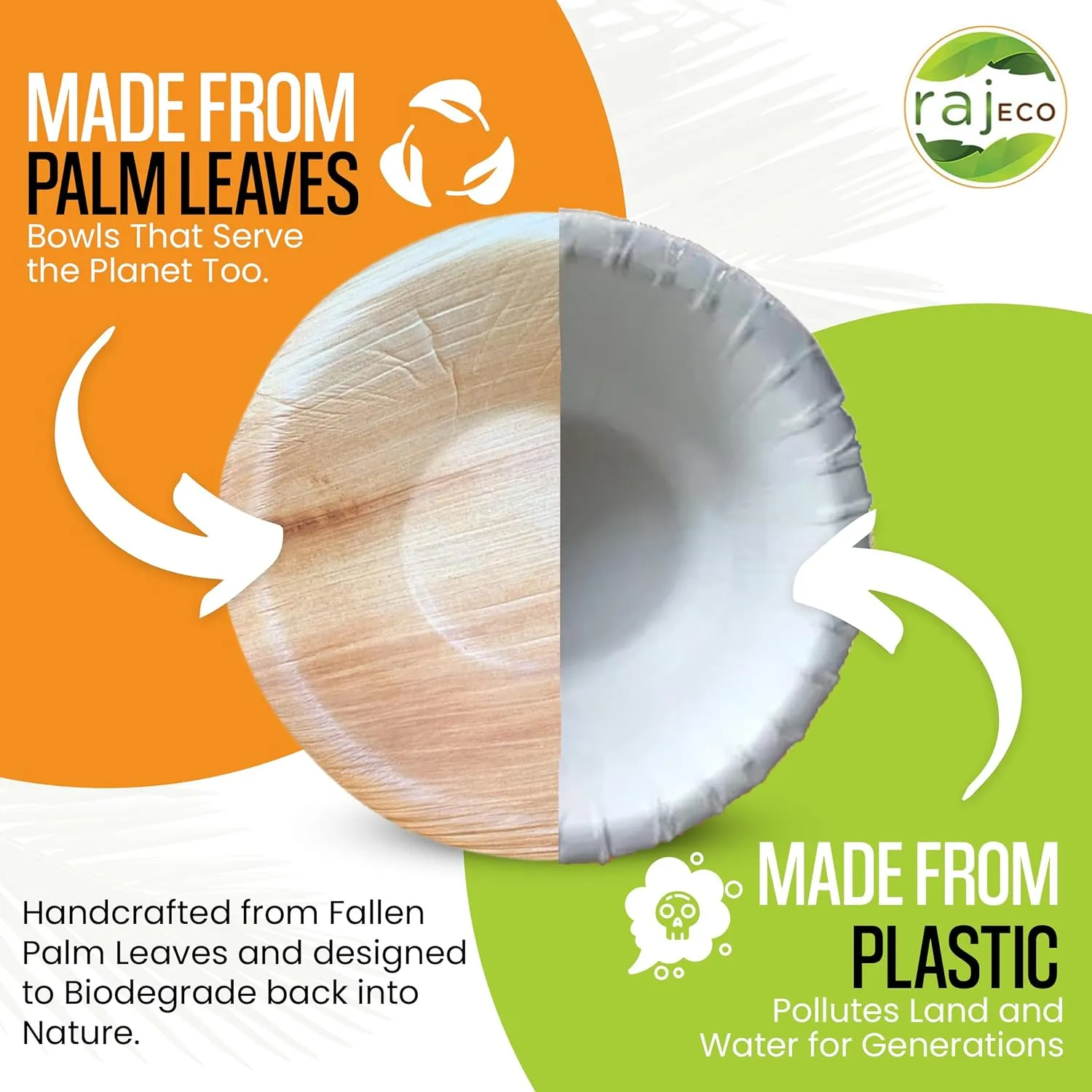 Raj Disposable Palm Leaf Bowls (50 Count, 5" Bowls) Strong Bowl Like Bamboo Party Bowl - Decorative Compostable Tableware for Lunch, Dinner, Birthday, Outdoor, BBQ, Picnic, Parties