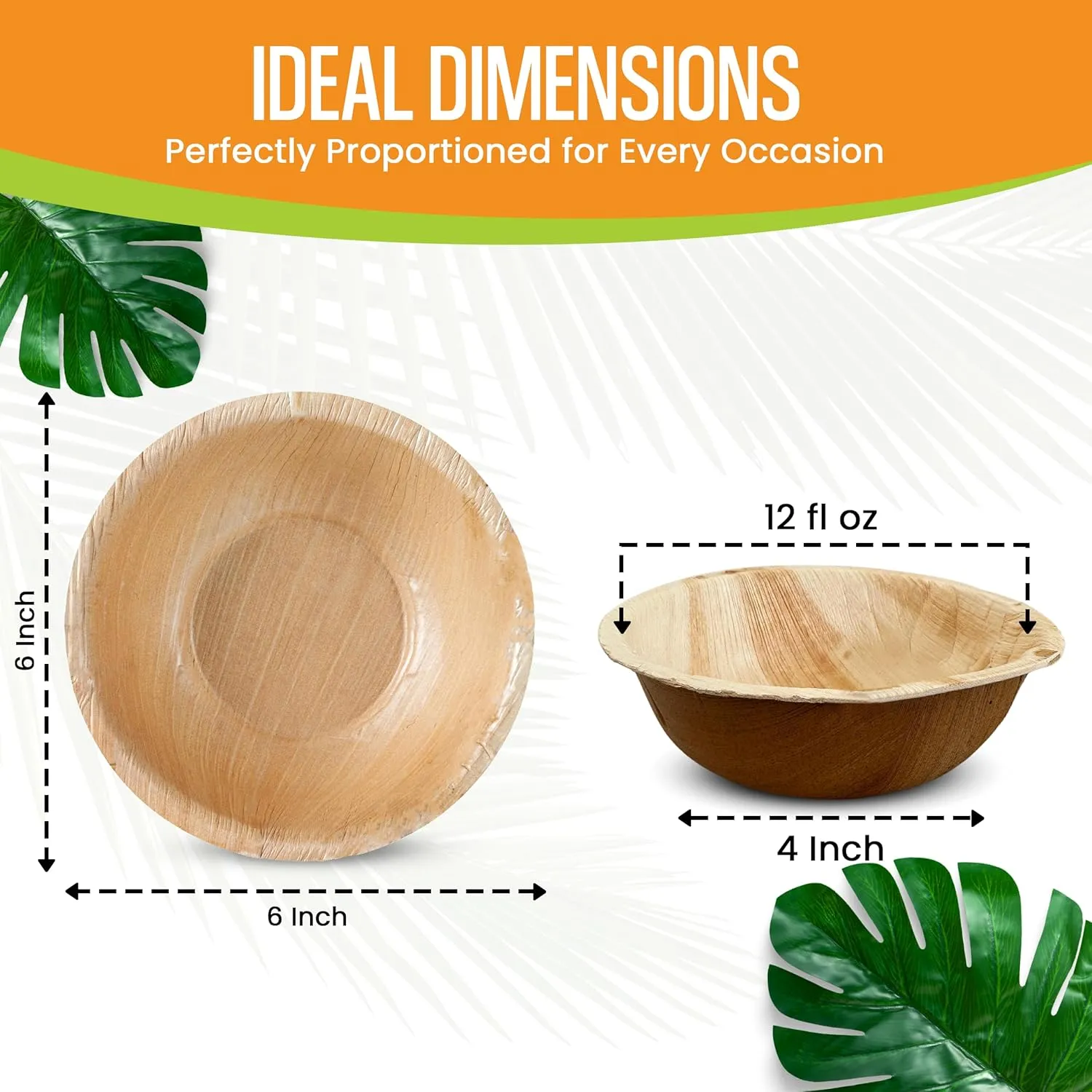 Raj Disposable Palm Leaf Bowls (50 Count, 6" Bowls) Strong Bowl Like Bamboo Party Bowl - Decorative Compostable Tableware for Lunch, Dinner, Birthday, Outdoor, BBQ, Picnic, Parties