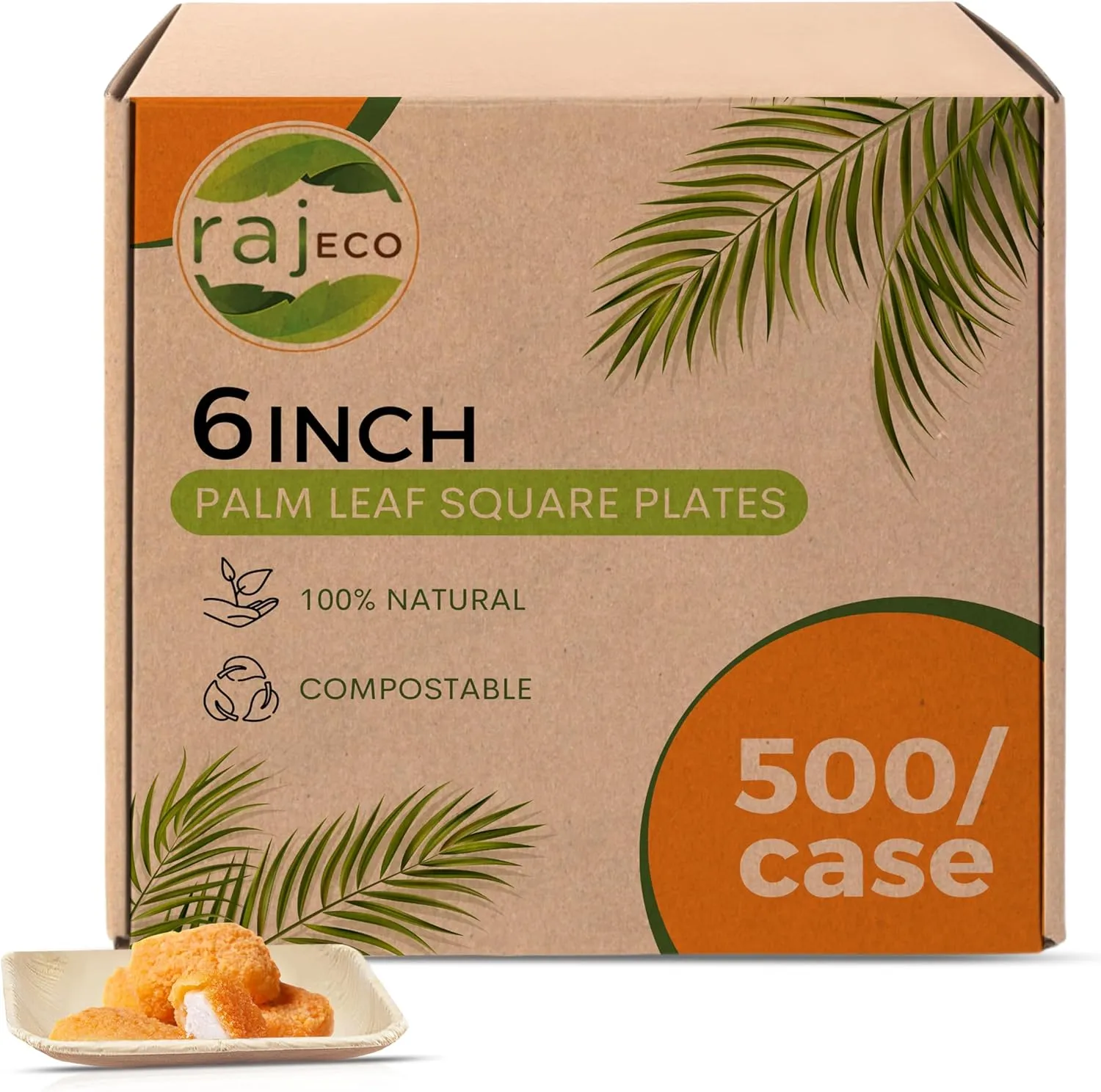 Raj Palm Leaf Bulk Plates [100-Pack] 6" Square Plates (5 CASES - 500 PACK) like Bamboo plates Disposable, Strong, Decorative Compostable Tableware for weddings, Lunch, Dinner, Birthday, Camping