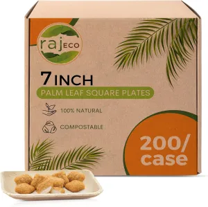 Raj Palm Leaf Plates [100-Pack] 7" Square Plates (2 CASES - 200 PACK) like Bamboo plates Disposable, Strong, Decorative Compostable Tableware for weddings, Lunch, Dinner, Birthday, Camping, Outdoor