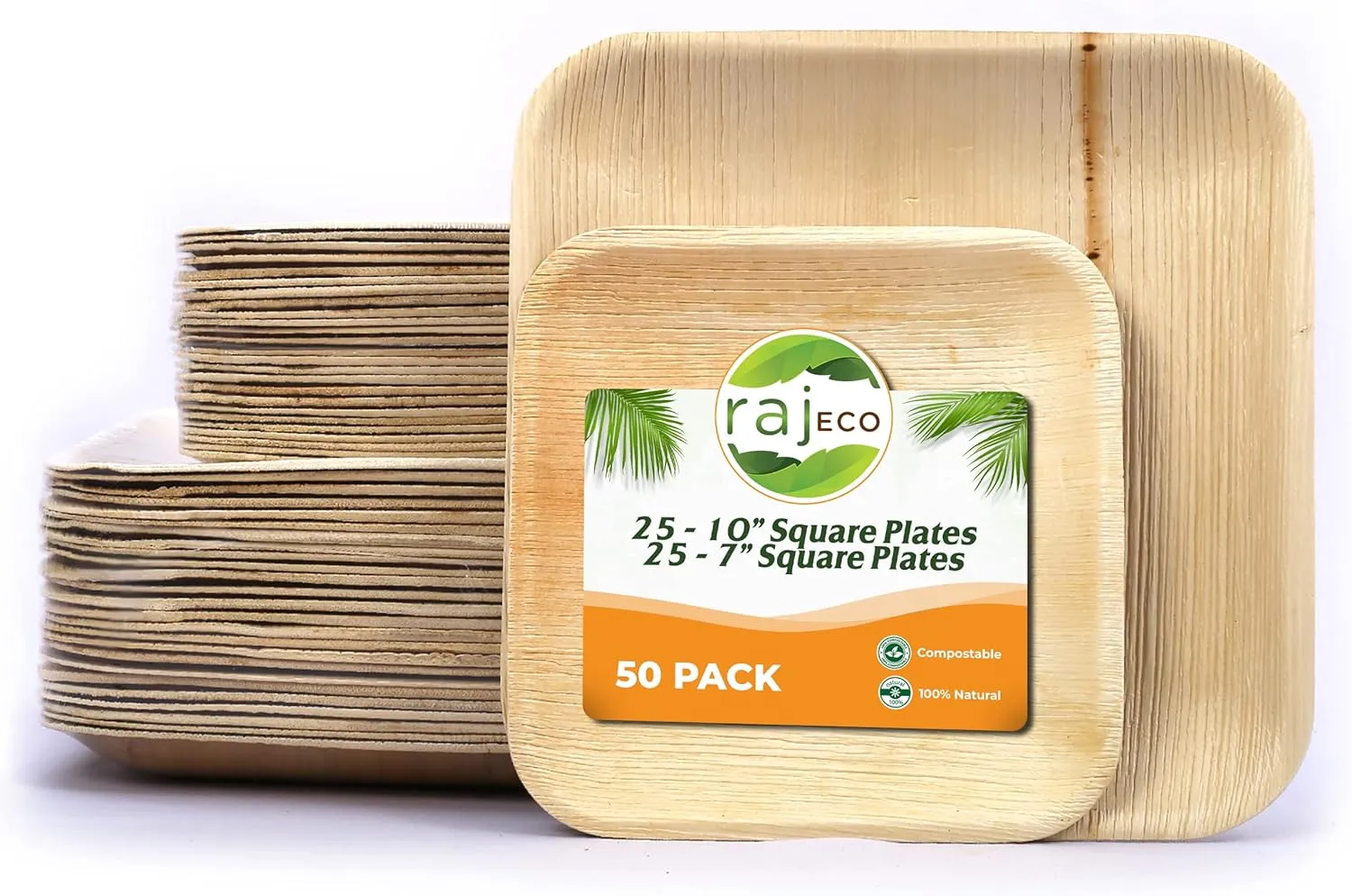 Raj Palm Leaf Plates [50-Pack] 10"x25 7"x25 Square Plates like Bamboo plates Disposable, Decorative Compostable Tableware for wedding, Lunch, Dinner, Birthday, Camping, Outdoor BBQ, Picnic