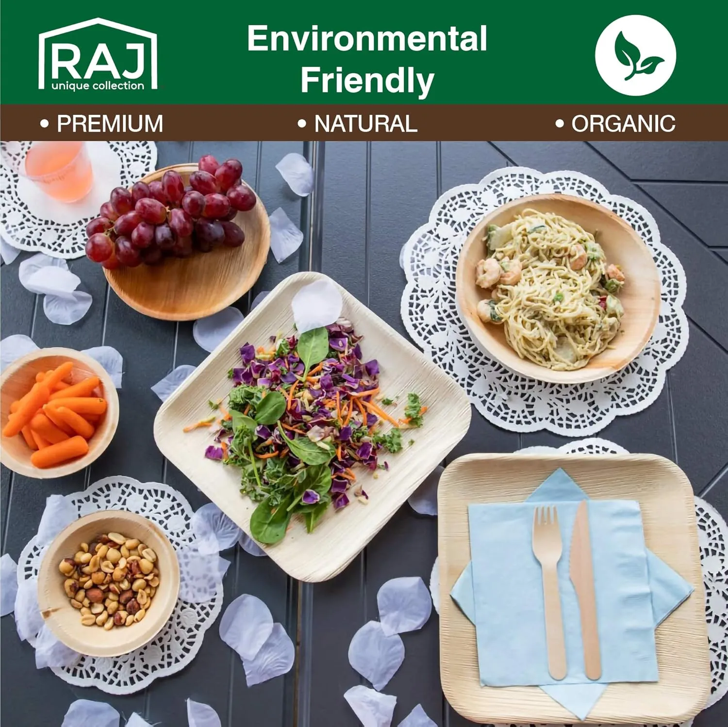 Raj Palm Leaf Plates, [50-Pack] 7" Square Bowls like Bamboo plates Disposable, Strong, Decorative Compostable Tableware for wedding, Lunch, Dinner, Birthday, Camping, Outdoor BBQ, Picnic