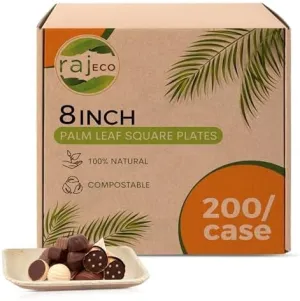 Raj Palm Leaf Plates [50-Pack] 8" Square Plates(4 CASES - 200 PACK) like Bamboo plates Disposable, Strong, Decorative Compostable Tableware for weddings, Lunch, Dinner, Birthday, Camping