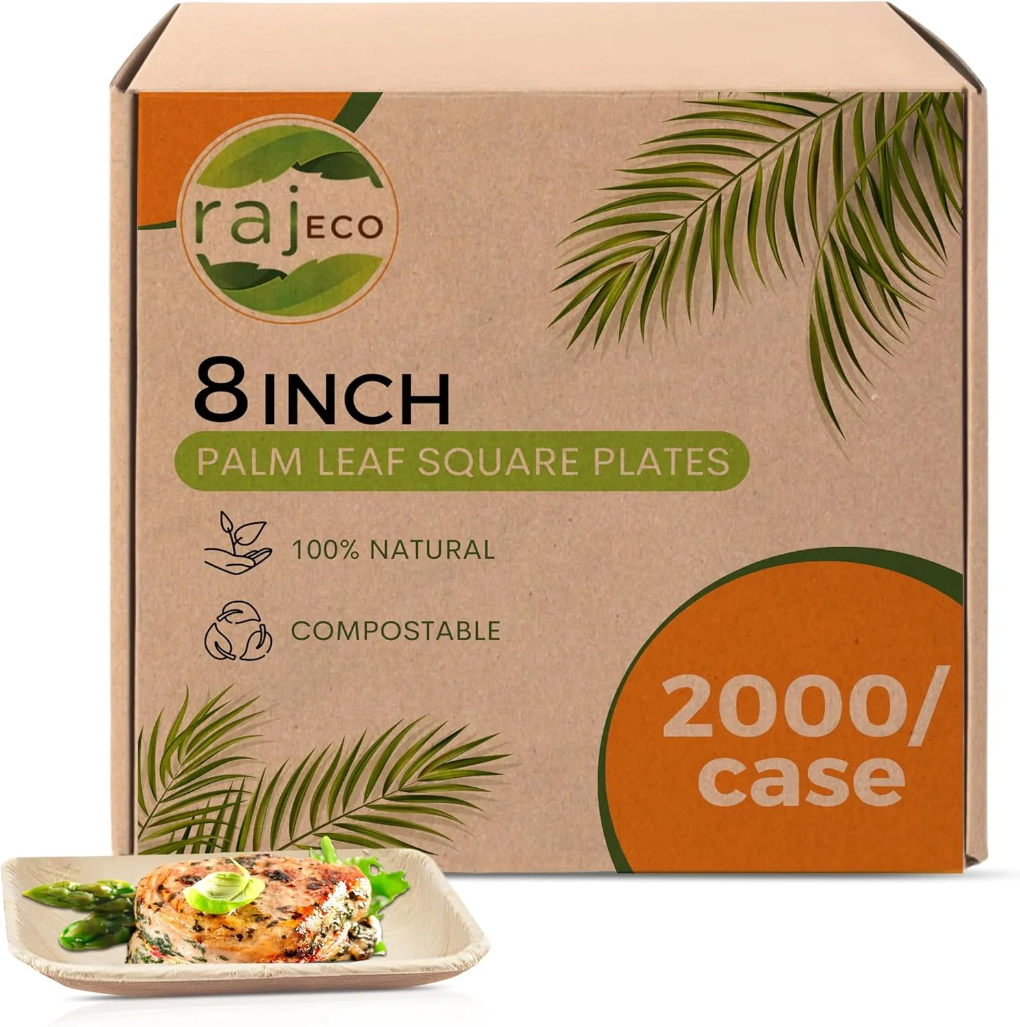 Raj Palm Leaf Plates [50-Pack] 8" Square Plates(40 Cases - 2000 PACK) like Bamboo plates Disposable, Strong, Decorative Compostable Tableware for weddings, Lunch, Dinner, Birthday,Outdoor