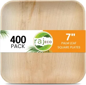 Raj Palm Leaf Plates Bulk [400-Pack] 7" Square Plates like Bamboo plates Disposable, Strong, Decorative Compostable Tableware for wedding, Lunch, Dinner, Birthday, Camping, Outdoor BBQ, Picnic